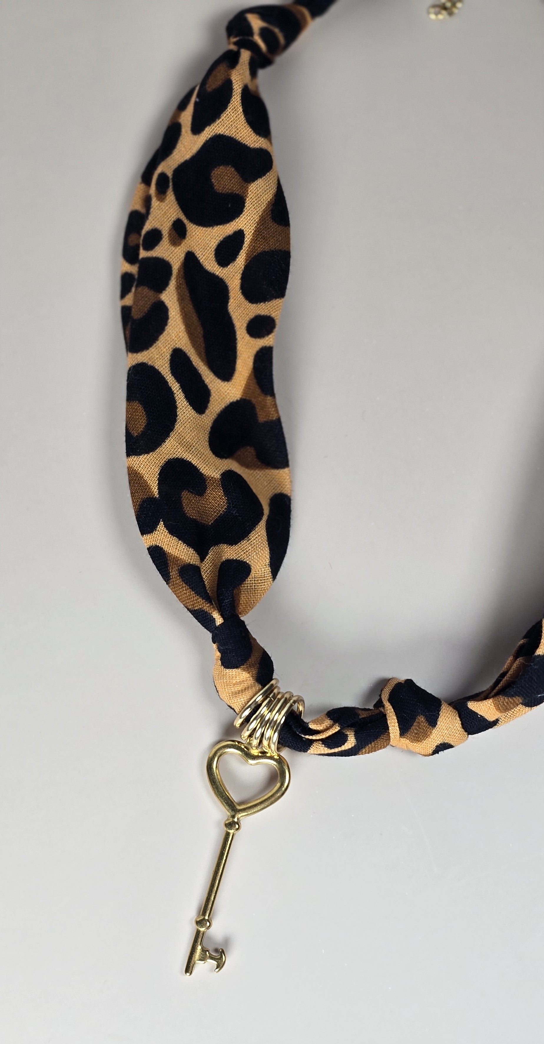 Heart Key & Leopard Print Bandana Necklace