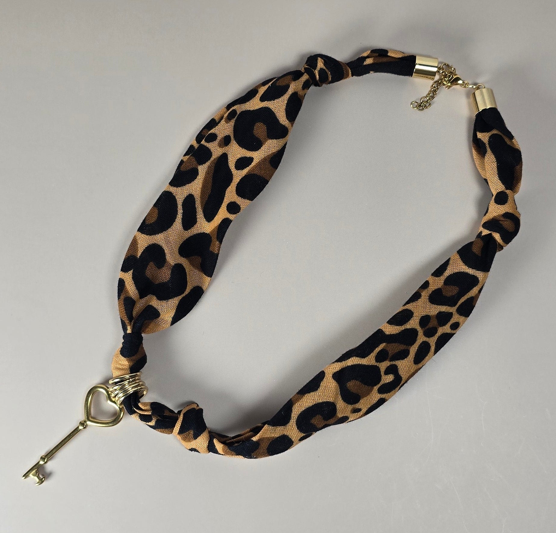 Heart Key & Leopard Print Bandana Necklace